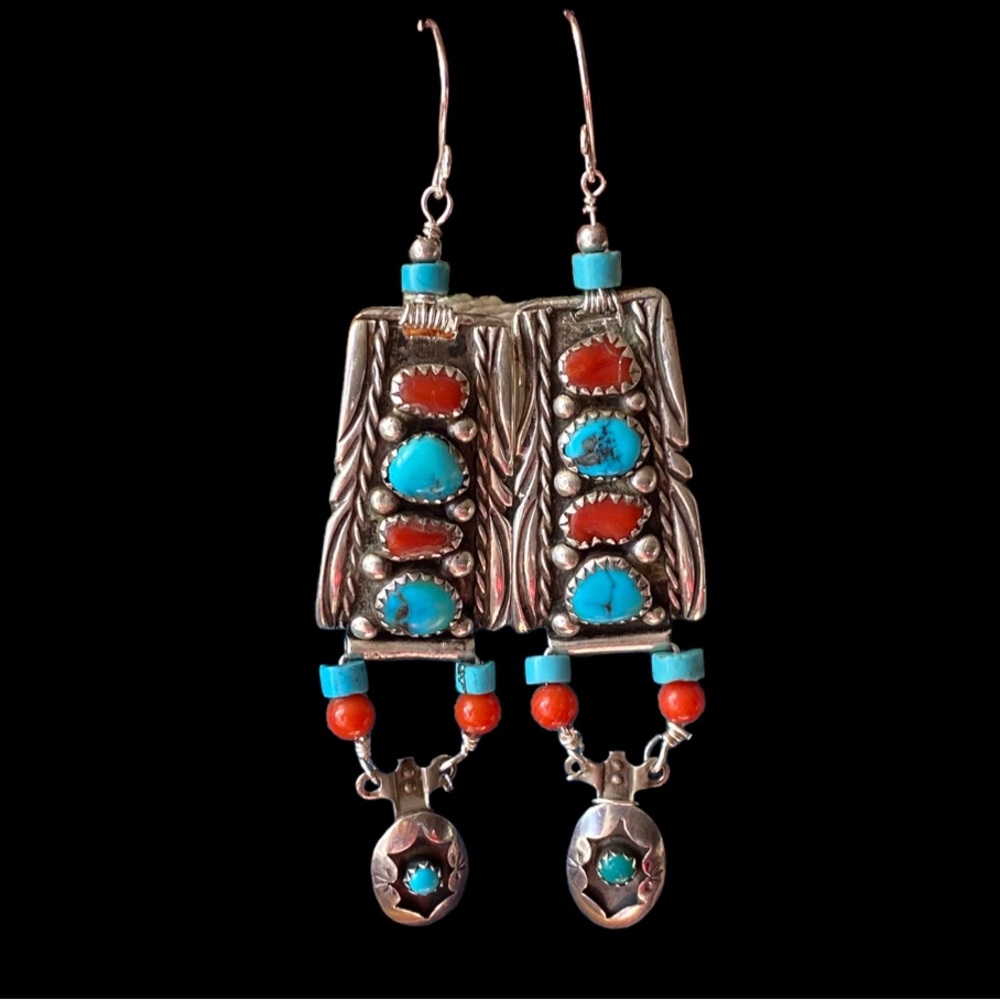 Southwestern Sterling Silver Turquoise Coral Earrings